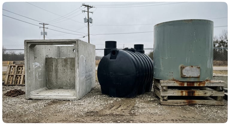 Unbranded concrete, polyethylene and coated steel interceptor tank bodies standing side by side on a gravel supplier yard