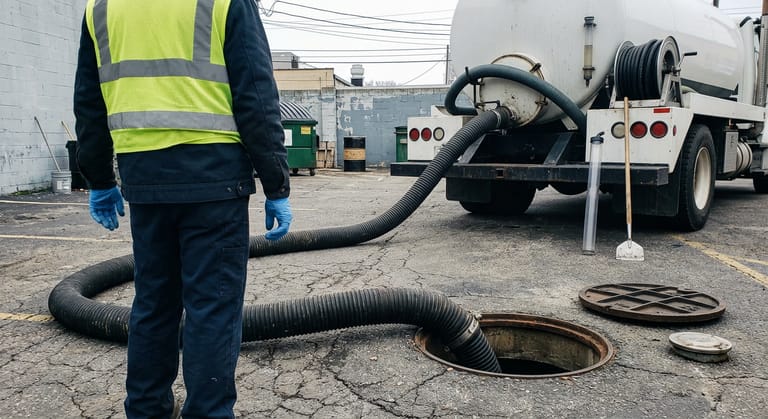 Corrugated suction hose running from an open pavement manway to an unmarked vacuum tank truck in a service lot