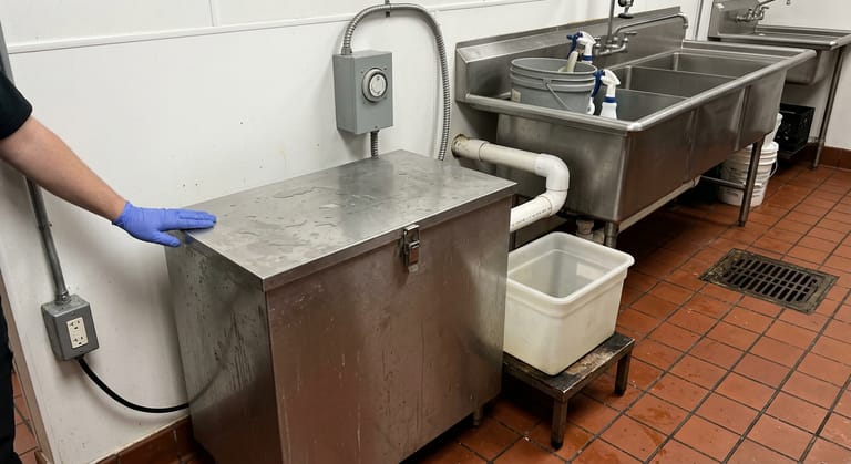 An unmarked stainless automatic grease removal unit on kitchen quarry tile with its timer control box and power cord.