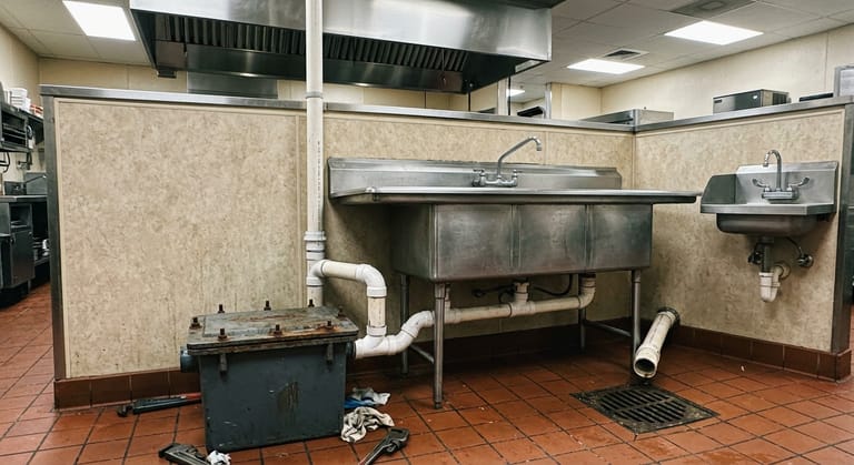 Commercial kitchen three-compartment sink with a floor-standing grease interceptor and PVC waste piping beside it.
