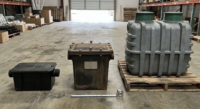 Three unmarked grease separators side by side on a warehouse floor: plastic box, cast iron unit, in-ground tank.