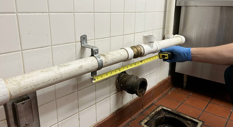 Close view of a brass flow control fitting with air intake tee spliced into white PVC inlet piping.