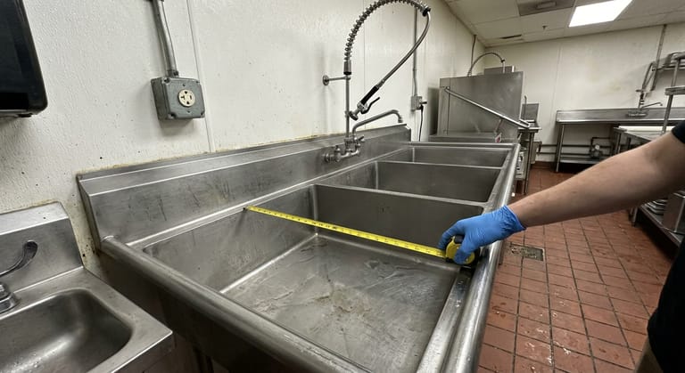 A gloved hand measuring the interior of a stainless three-compartment sink bay with a tape measure.