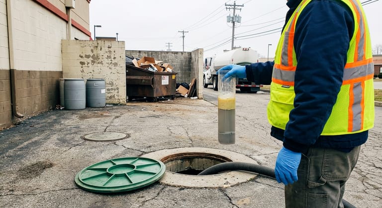 Worker in a high-visibility vest holds a clear depth sampler tube beside an open interceptor lid in a lot.