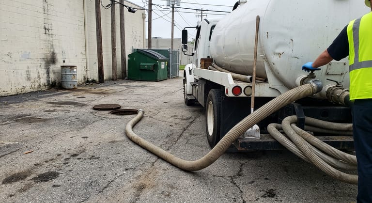 Vacuum tank truck on asphalt with a four inch suction hose running toward an open interceptor lid.