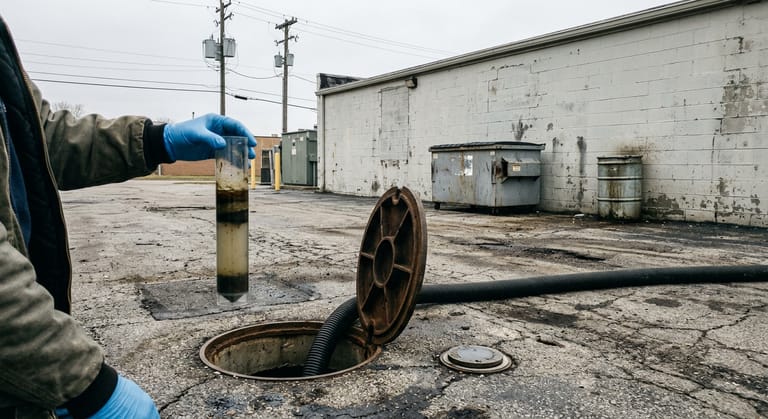 Gloved hand holding a clear depth sampler tube beside an open in-ground grease trap lid in a service lot