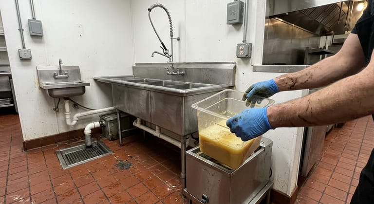 Gloved hands lifting a clear collection container of solidified grease from an automatic unit in a commercial kitchen