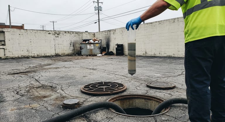 A gloved hand holds a clear depth sampler tube above an open lot interceptor lid, suction hose alongside