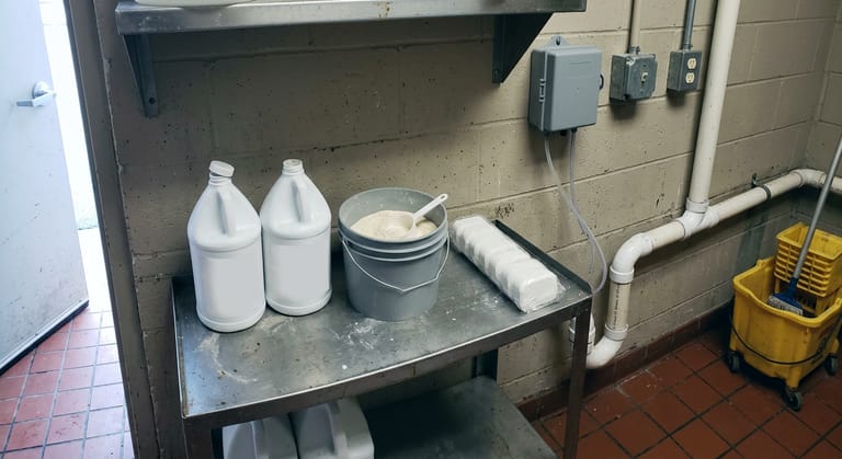 Unlabeled jugs, a pail of powder, tablets and a small wall-mounted drip dosing unit on a back-of-house shelf