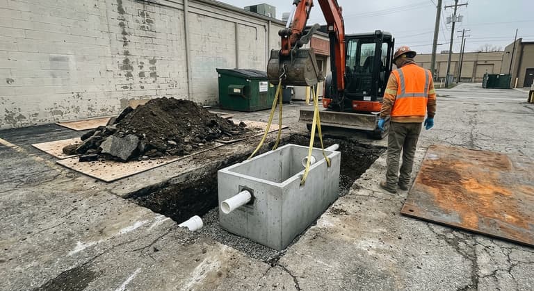 Precast concrete grease interceptor tank set into an open excavation cut in an asphalt service lot behind a kitchen