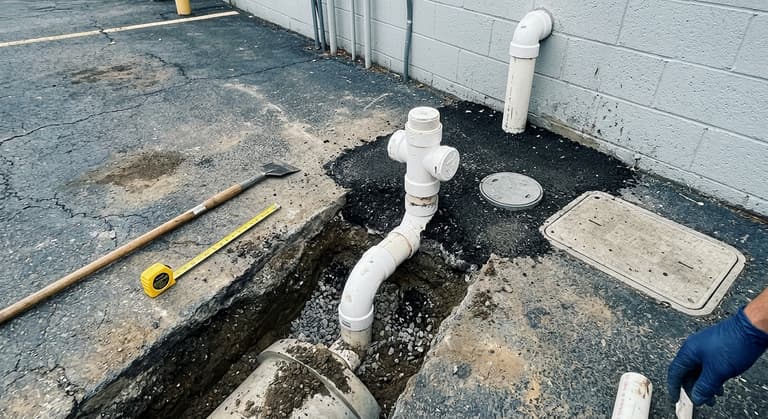 Trench beside a buried interceptor showing a PVC two-way cleanout at grade, vent riser and small sample port lid