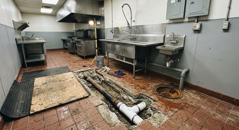 Commercial kitchen with a strip of quarry tile floor opened along the drain line beside a three-compartment sink
