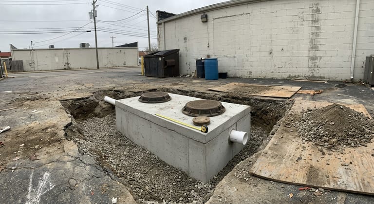 New precast concrete grease interceptor tank set on gravel in an open excavation behind a commercial kitchen