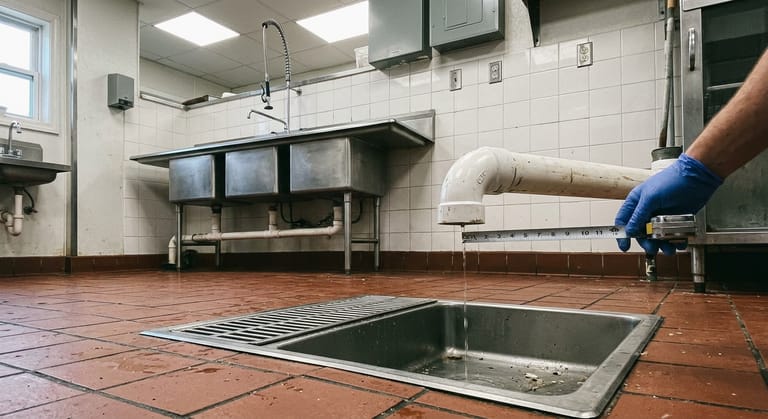 Indirect waste pipe ending in open air above a floor sink grate, showing the air gap