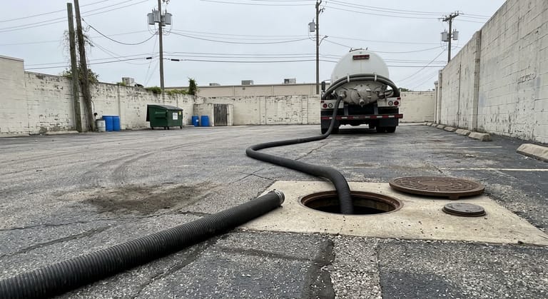 Suction hose from an unmarked vacuum truck running across a service lot into an open interceptor lid