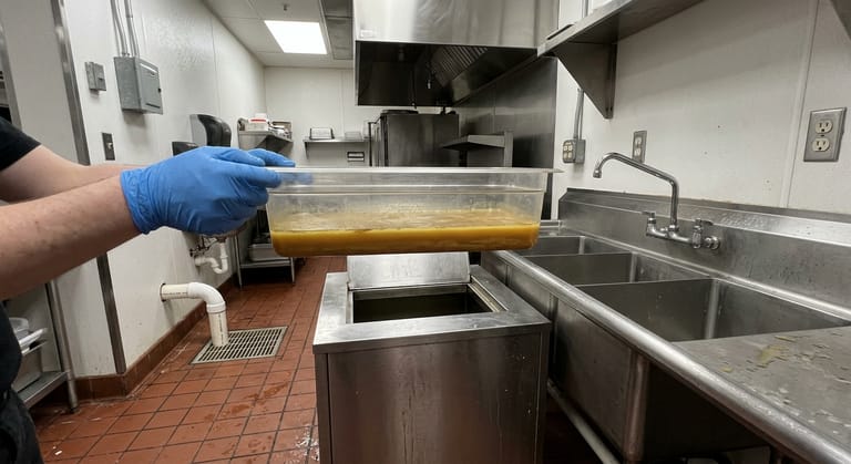 Gloved hands lift a translucent grease collection container out of a stainless automatic grease removal unit in a commercial kitchen.