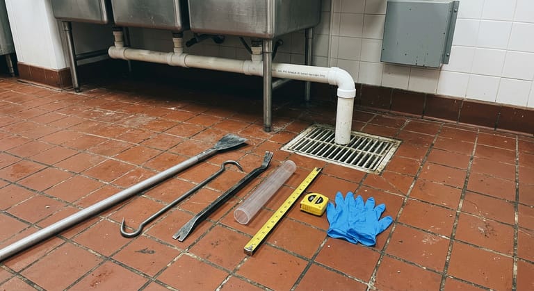 Hauler's hand tools laid out before a service visit: scraper, lid hook, sampler tube, tape measure and gloves on quarry tile beside a kitchen floor sink.