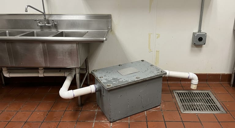 Bolted point-of-use grease interceptor on quarry tile beside a stainless three-compartment sink, PVC piping at the inlet.