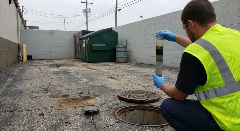 Worker in a hi-vis vest holds a clear depth sampler tube beside an open grease interceptor lid in a paved lot