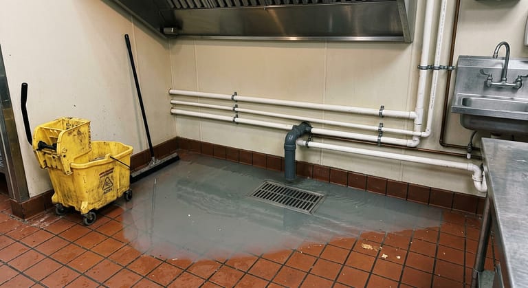 Grey water backed up from a floor sink grate spreads across quarry tile in a commercial kitchen