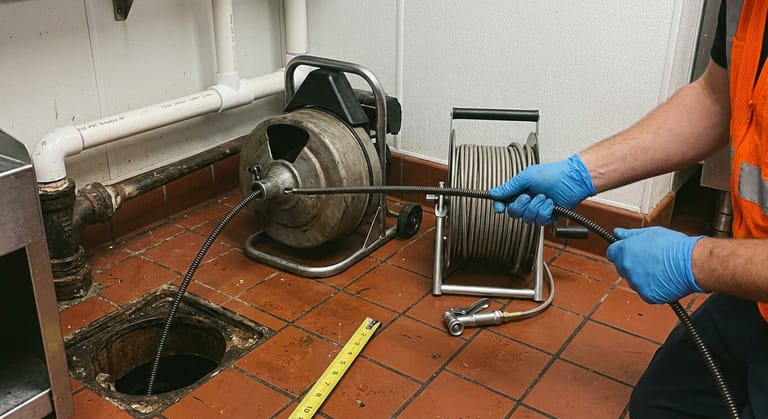 A cable machine feeding steel cable into an open floor cleanout beside a jetter hose reel, gloved hands guiding it