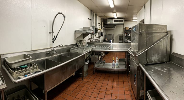 Wash area of a commercial restaurant kitchen with a three-compartment sink, dish table and hood-type dishwasher