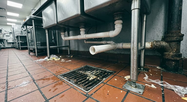 Indirect waste pipe from a commercial kitchen sink ending above a floor sink grate in quarry tile