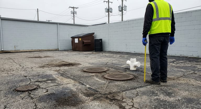Closed cast iron tank lids, a smaller sample port lid and a two-way cleanout in a paved service lot