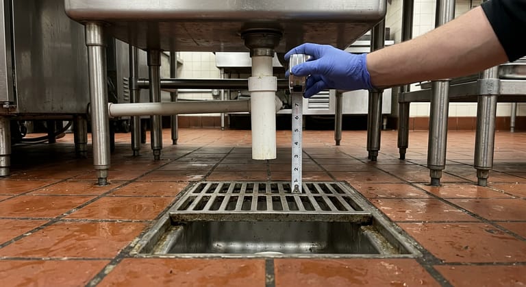 A PVC drain line ending in open air above a floor sink grate, measured with a tape.
