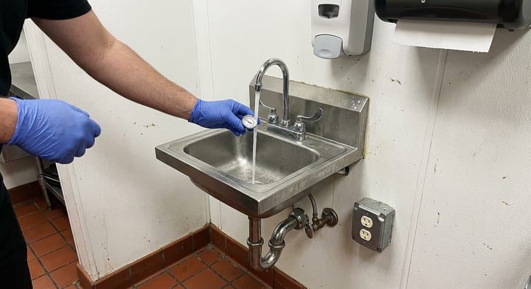 Gloved hand holding a pocket thermometer in water running from a commercial hand sink faucet.