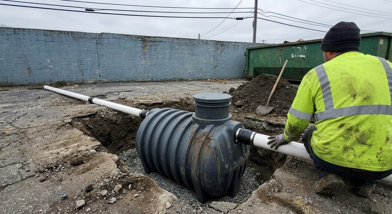 A large polyethylene grease interceptor set in an open excavation with six inch PVC stubs connected before backfill.