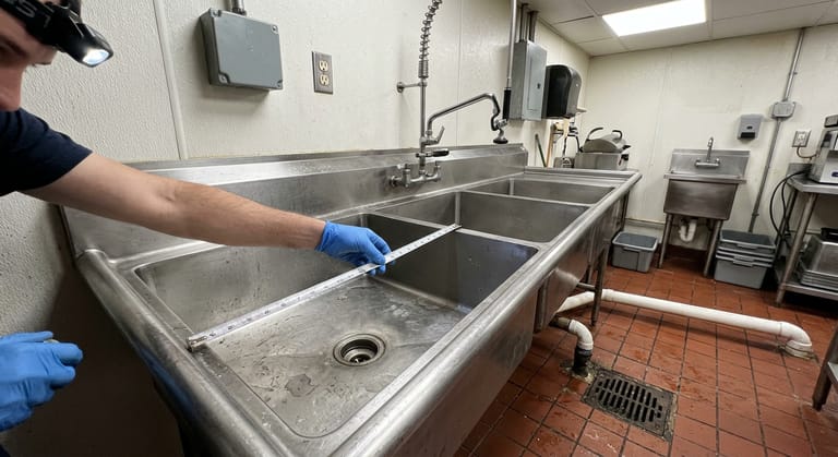 Gloved hands measuring the interior length of a stainless three compartment sink bowl with an inch marked tape.