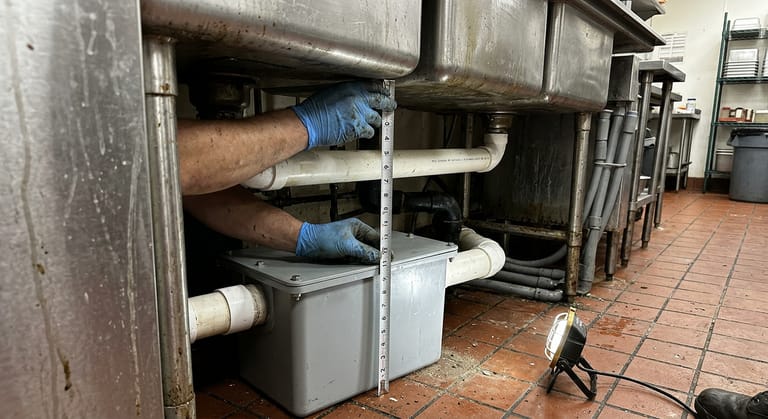 Gloved hands measuring the clear height above a closed low profile interceptor inside a cabinet under a commercial sink