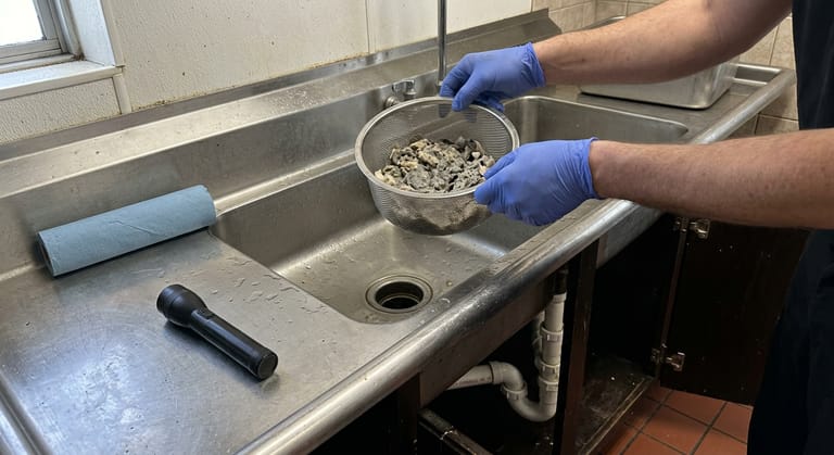 Gloved hand lifting a clogged strainer basket out of a stainless prep sink drain, flashlight on the drainboard
